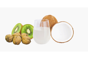 Kiwi nuts coconut and a glass of milk