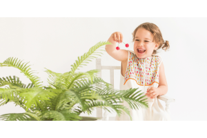 Little girl playing with an indoor plant